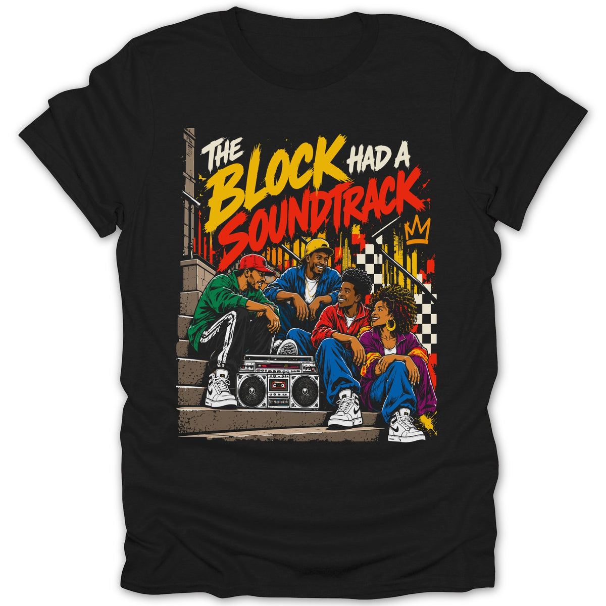 Four friends sit on stairs with a boombox, text "The Block Had A Soundtrack".