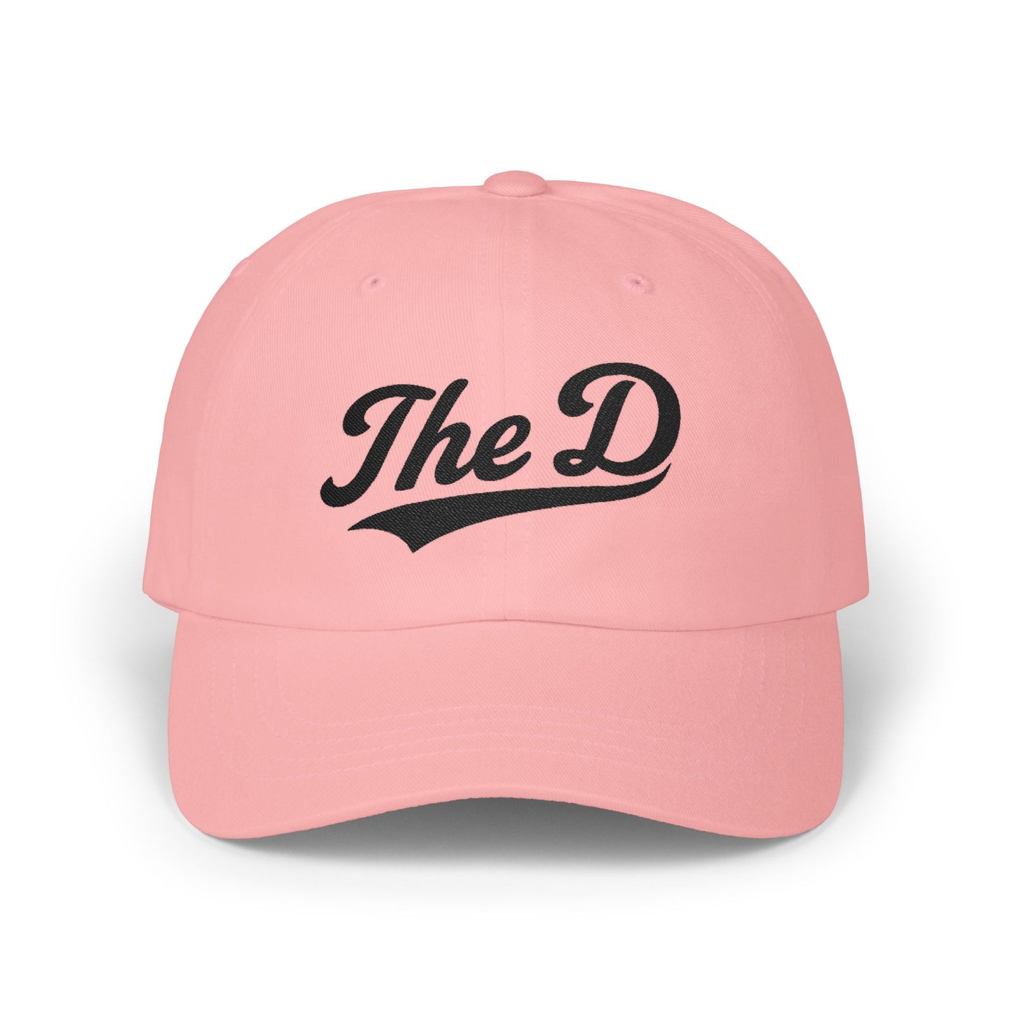 Pink baseball cap with "The D" in black cursive text.