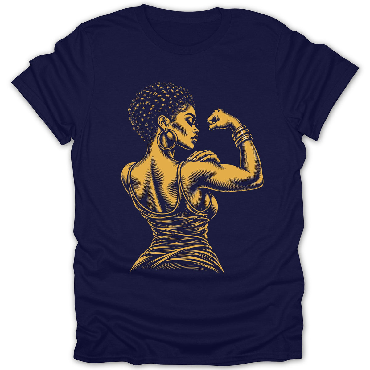 Yellow illustration of a woman flexing her bicep on a navy t-shirt.