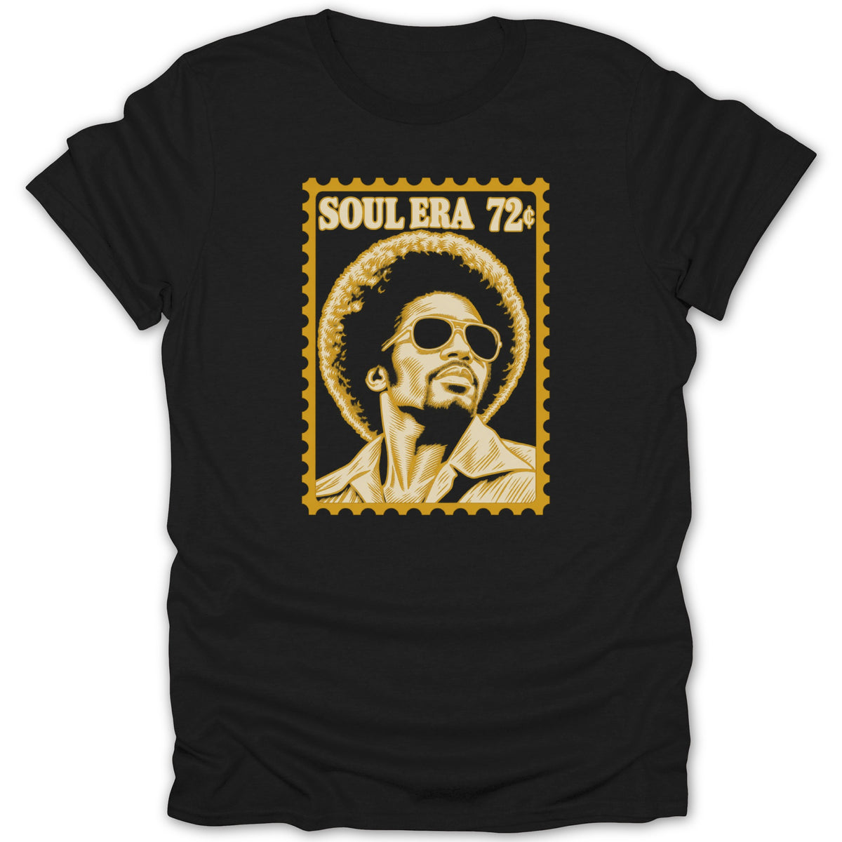 A black t-shirt featuring a gold postage stamp graphic with a person wearing sunglasses and text reading Soul Era 72¢.