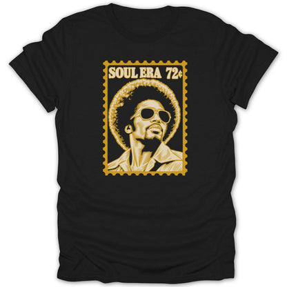 A black t-shirt featuring a gold postage stamp graphic with a person wearing sunglasses and text reading Soul Era 72¢.