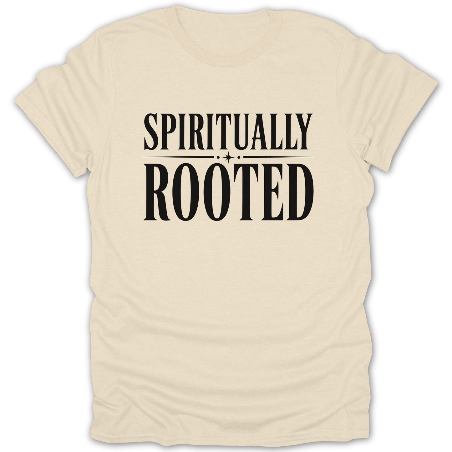 Cream t-shirt with black text that reads "SPIRITUALLY ROOTED".