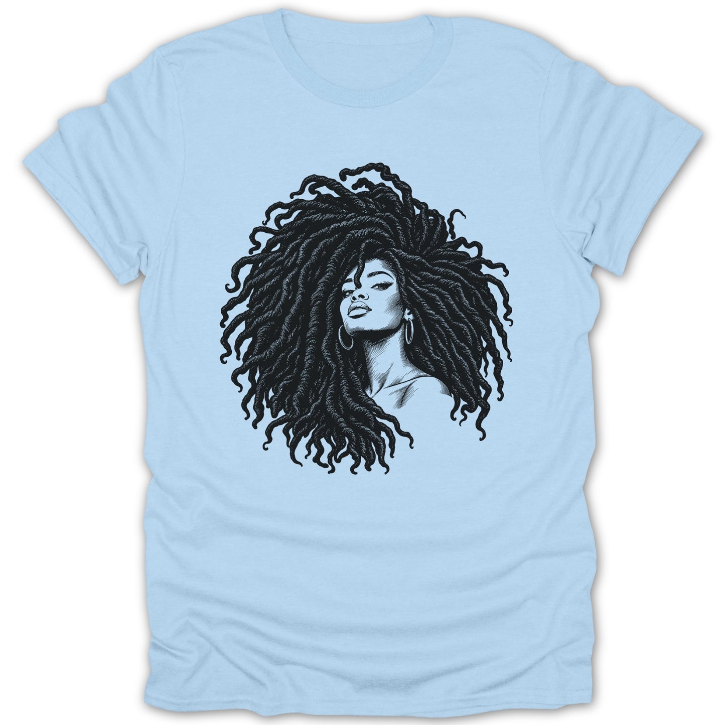 Black and white illustration of a woman with long dreadlocks on a light blue t-shirt.