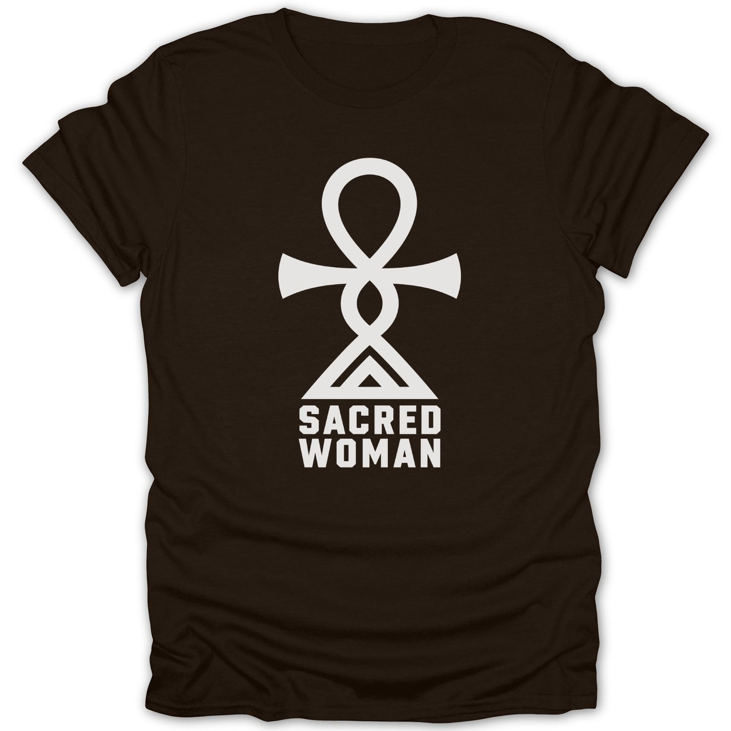 Brown t-shirt with white Ankh symbol and "SACRED WOMAN" text.