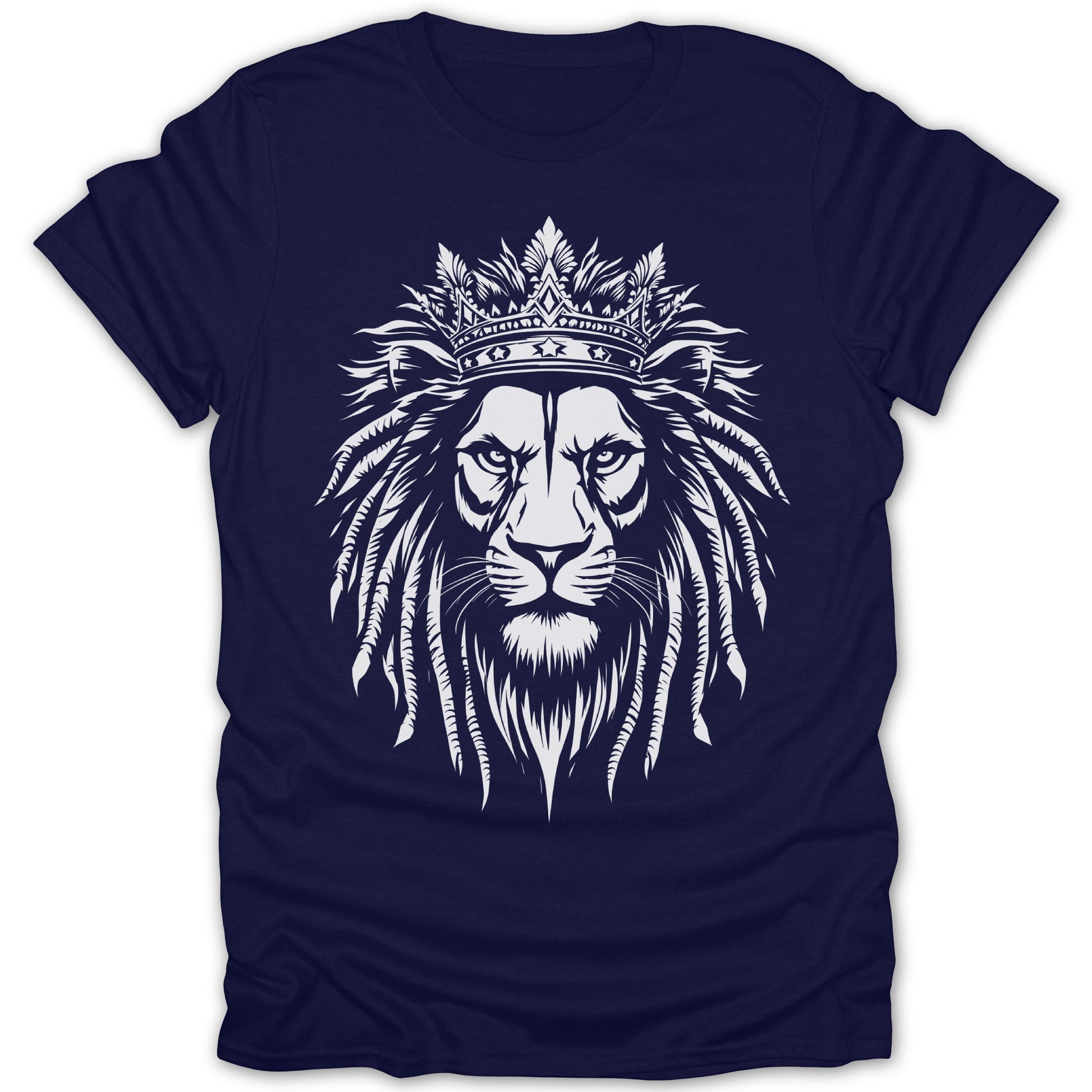 White lion head with crown and mane design on a navy blue t-shirt.