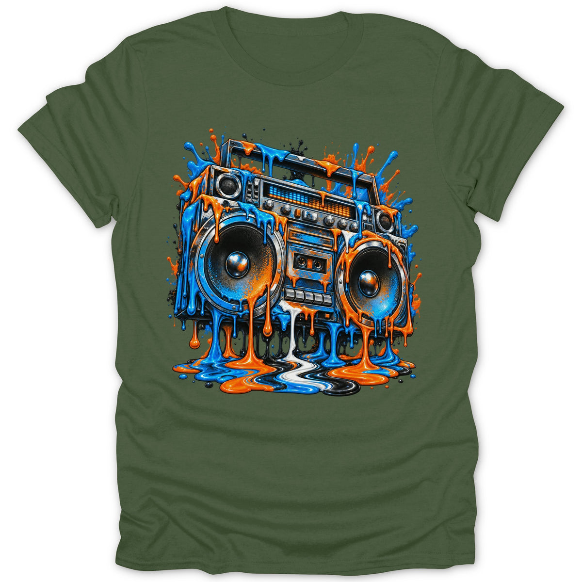 Retro boombox with dripping blue and orange paint graphic on olive green t-shirt.