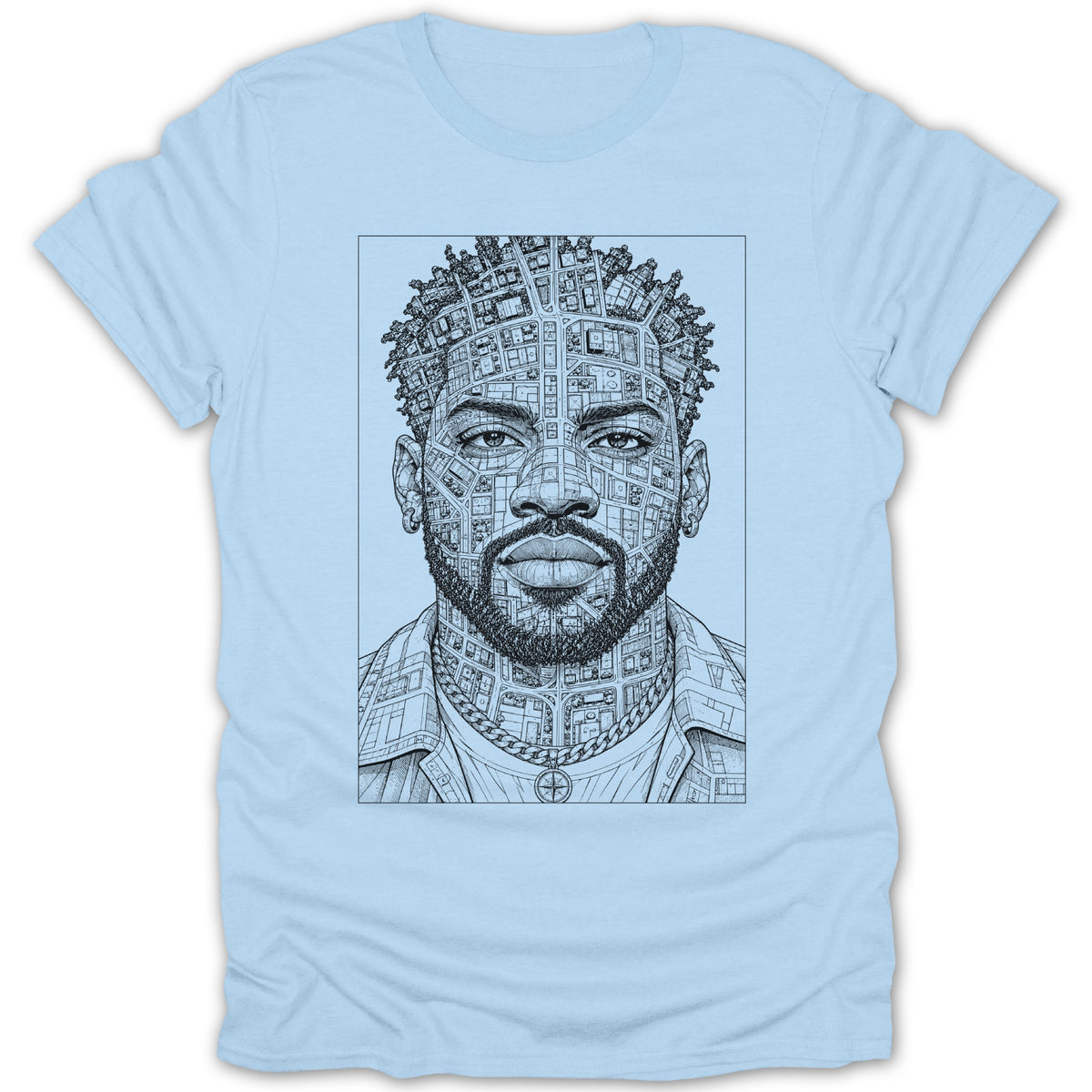 T-shirt with line art portrait of a man whose head is a city map.