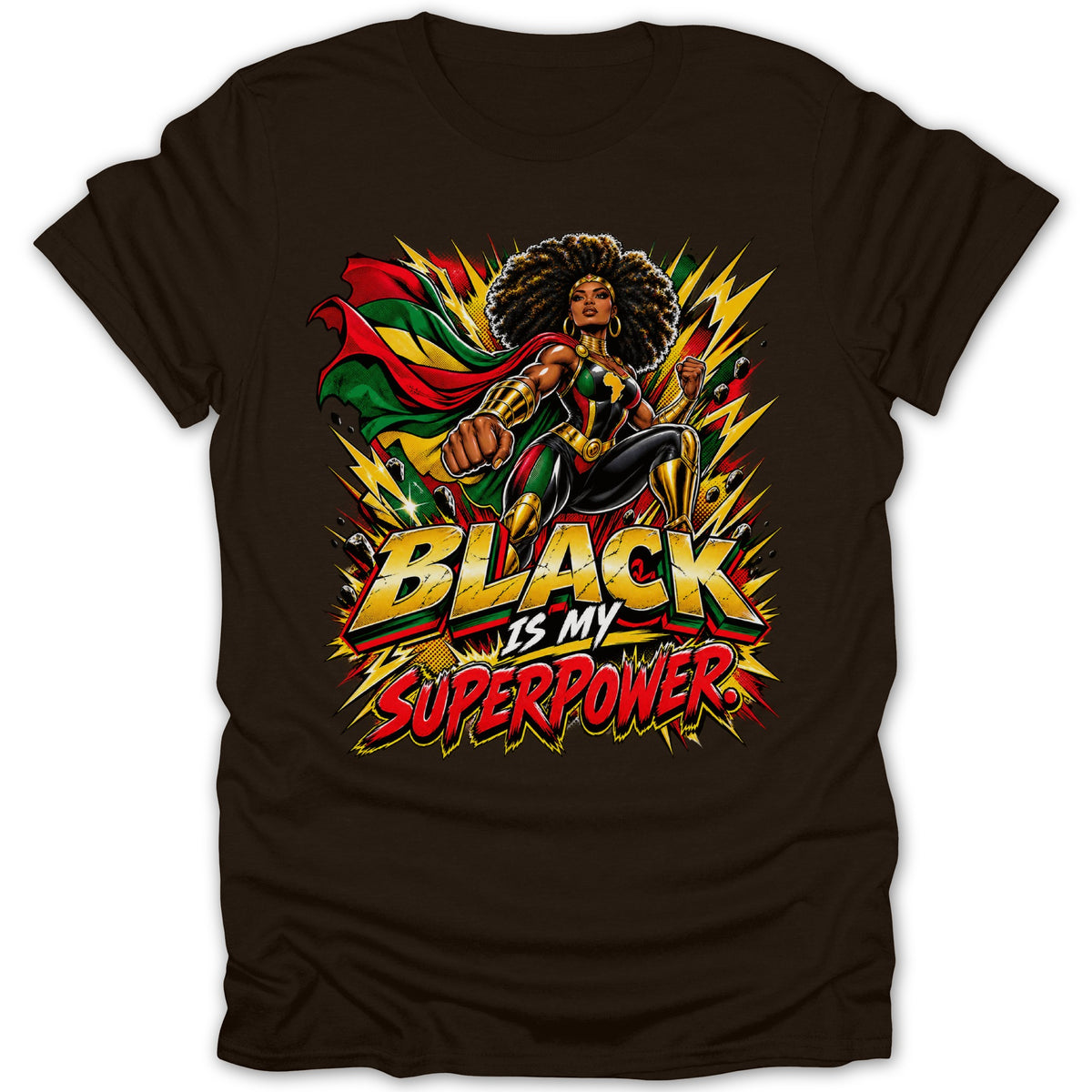 Black superhero with cape and text "BLACK IS MY SUPERPOWER".
