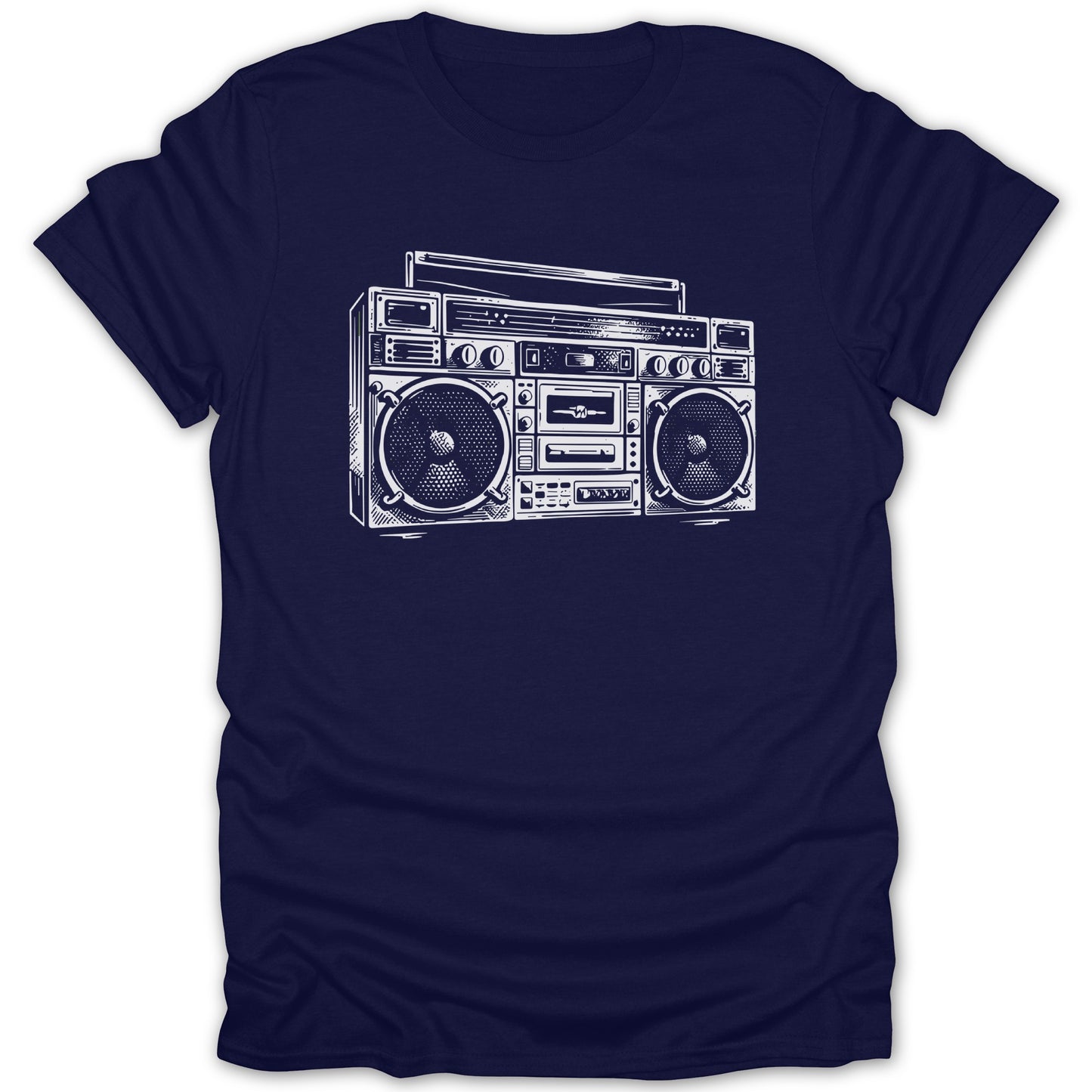 Navy t-shirt with a white line drawing of a retro boombox.