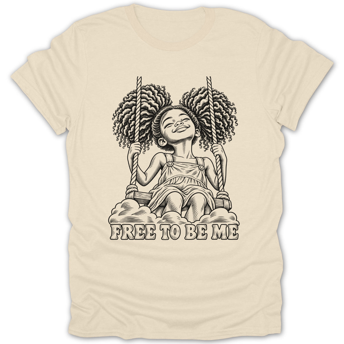 Illustration of a girl with afro hair on a swing with text "FREE TO BE ME".