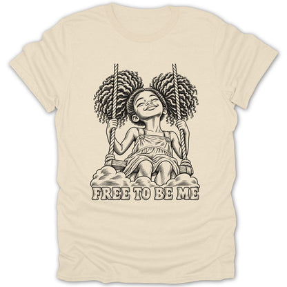 Illustration of a girl with afro hair on a swing with text "FREE TO BE ME".