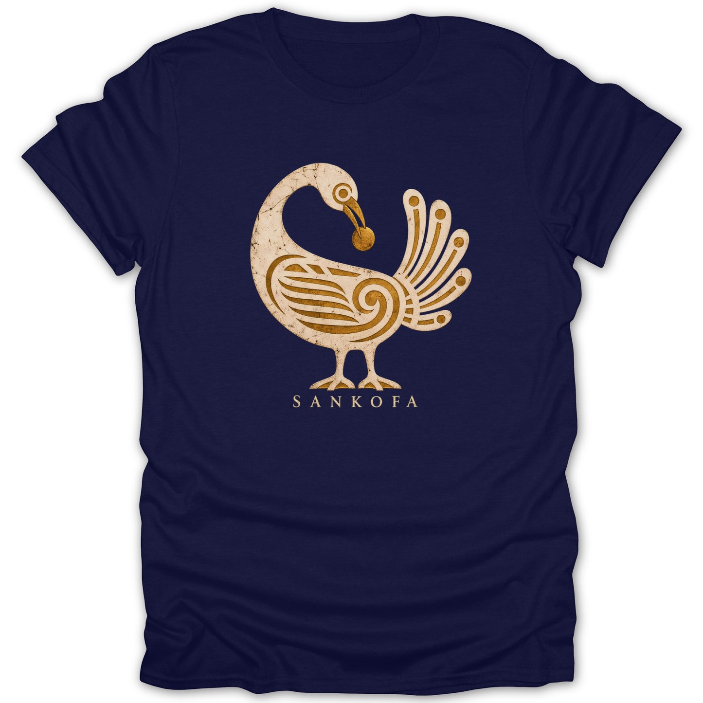 Navy t-shirt with Sankofa bird graphic and text.