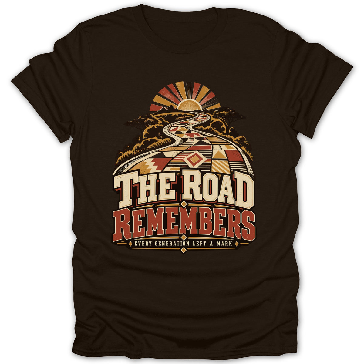 Brown t-shirt with "THE ROAD REMEMBERS" and sunlit road graphic.