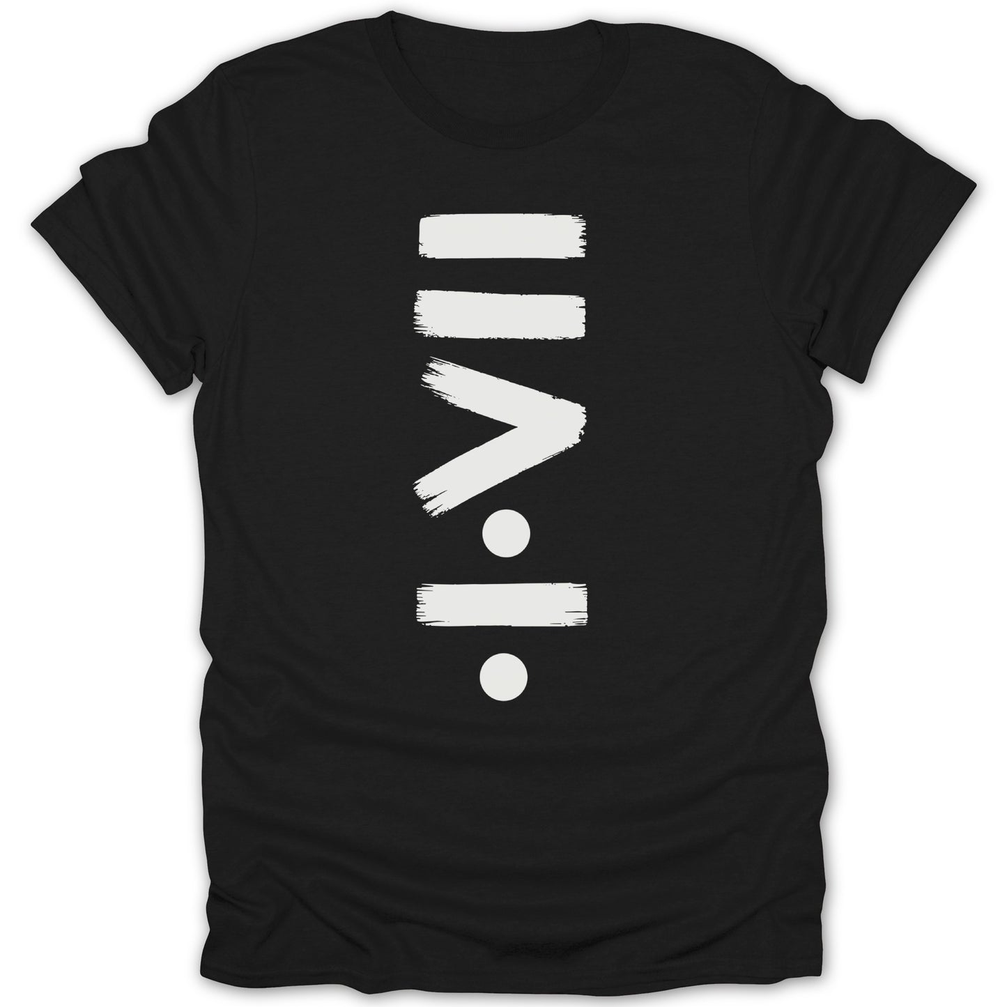Black t-shirt with a white brushstroke symbol resembling greater than and division signs.