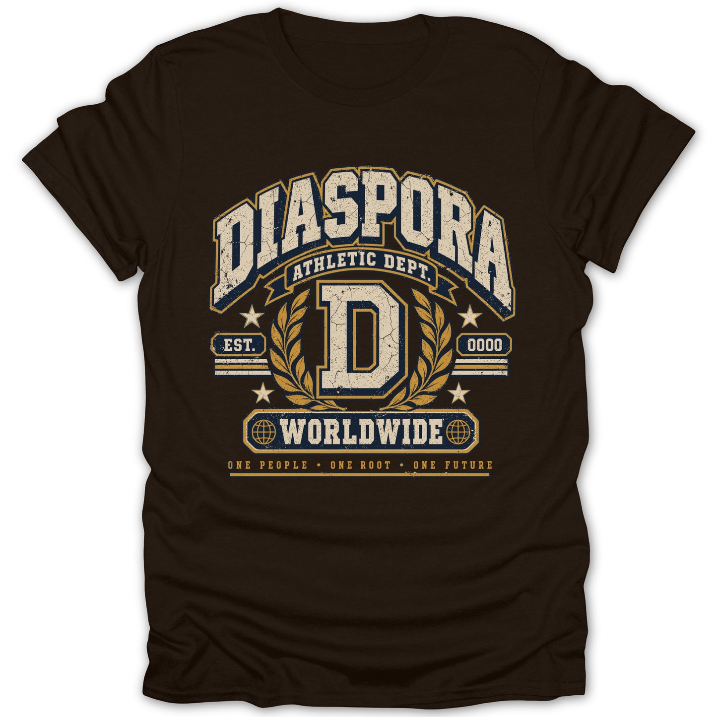 Brown t-shirt with distressed "Diaspora Athletic Dept." text, globe, and "Worldwide" design.