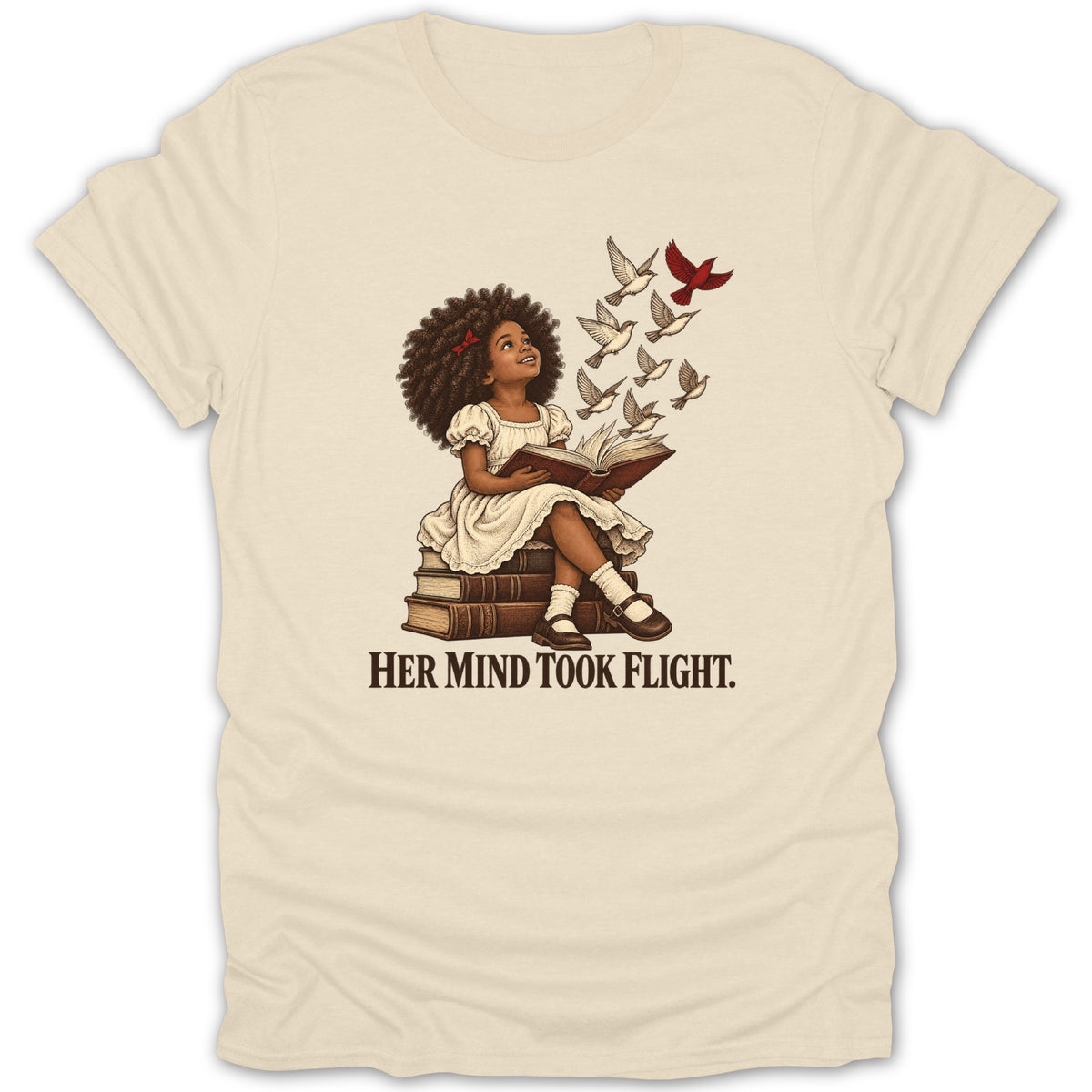 Girl reading a book on books with birds flying from pages, "Her Mind Took Flight."