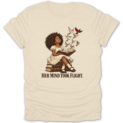 Girl reading a book on books with birds flying from pages, "Her Mind Took Flight."
