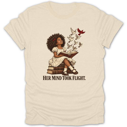 Girl reading a book on books with birds flying from pages, "Her Mind Took Flight."