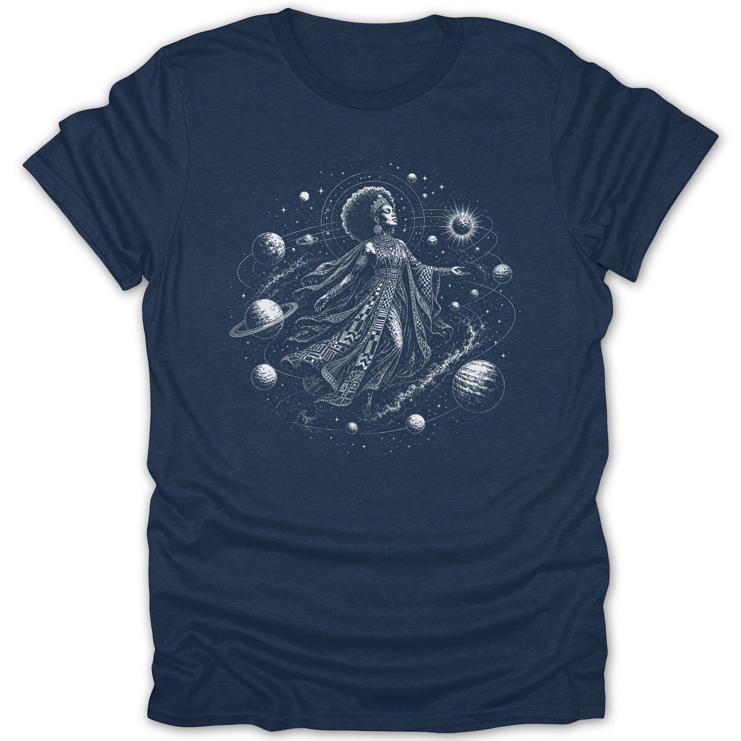 Woman with afro wearing ornamental dress floating in space with planets and stars.
