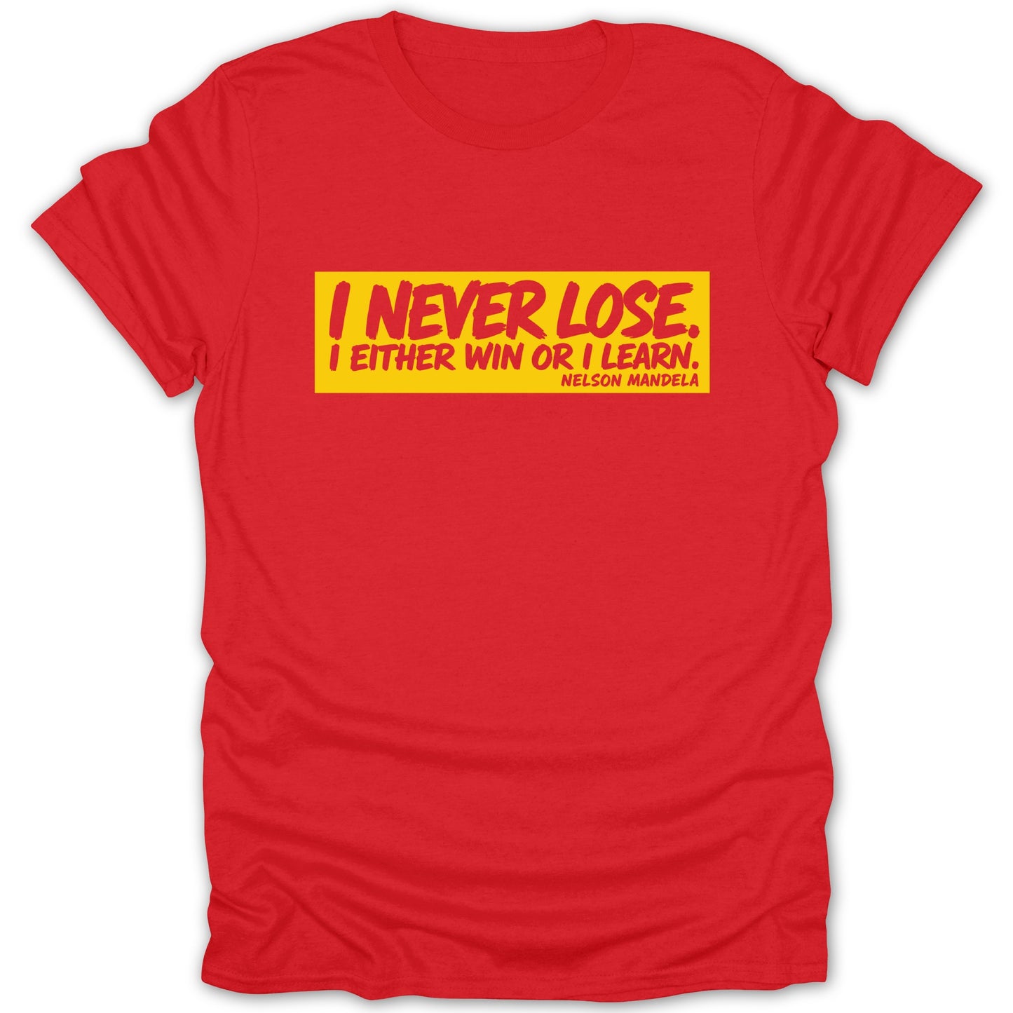 Red t-shirt with yellow rectangle featuring Nelson Mandela quote.