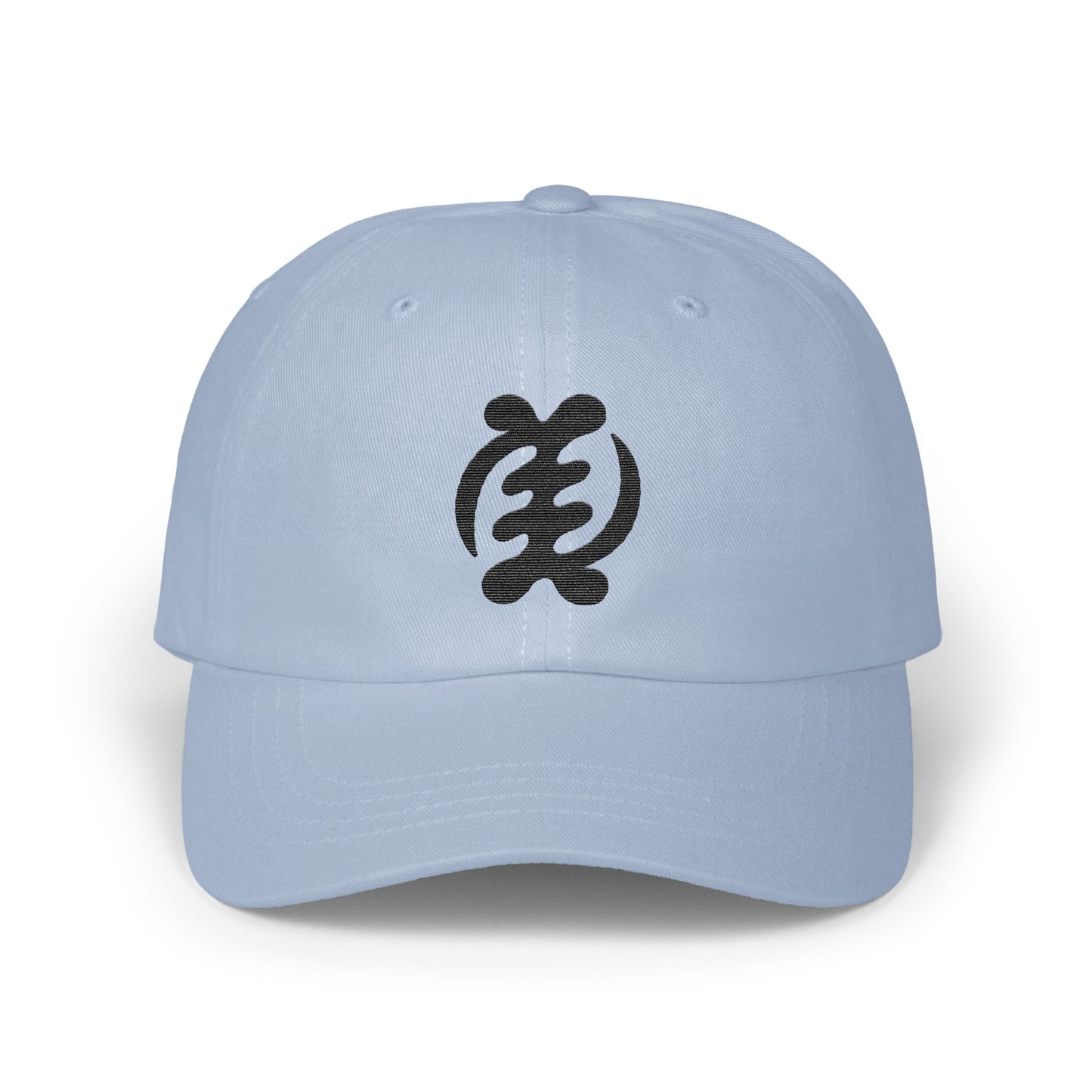 Light blue baseball cap with black Adinkra symbol Gye Nyame.