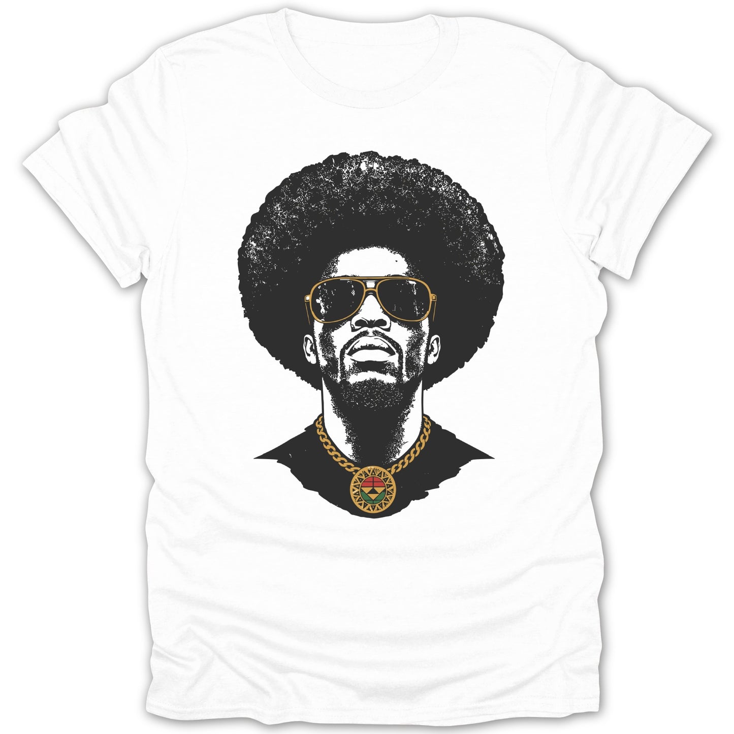 Black and white graphic of a man with an afro, sunglasses, and a gold chain with pendant.