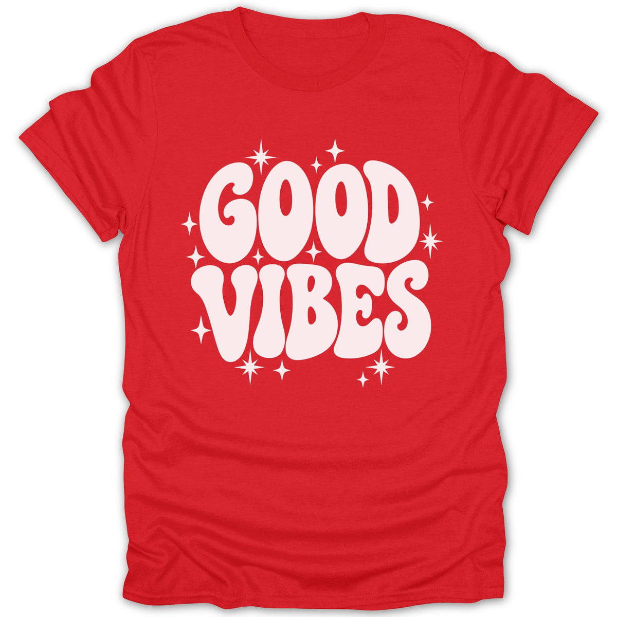 Red t-shirt with white "GOOD VIBES" text and starbursts.