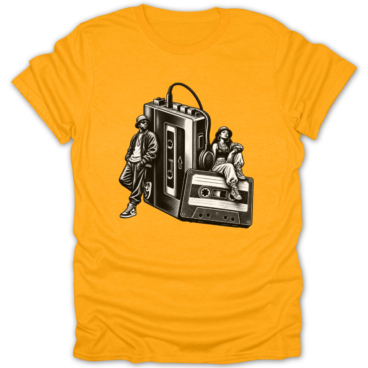 Two figures lean against and sit on a large cassette tape and boombox.