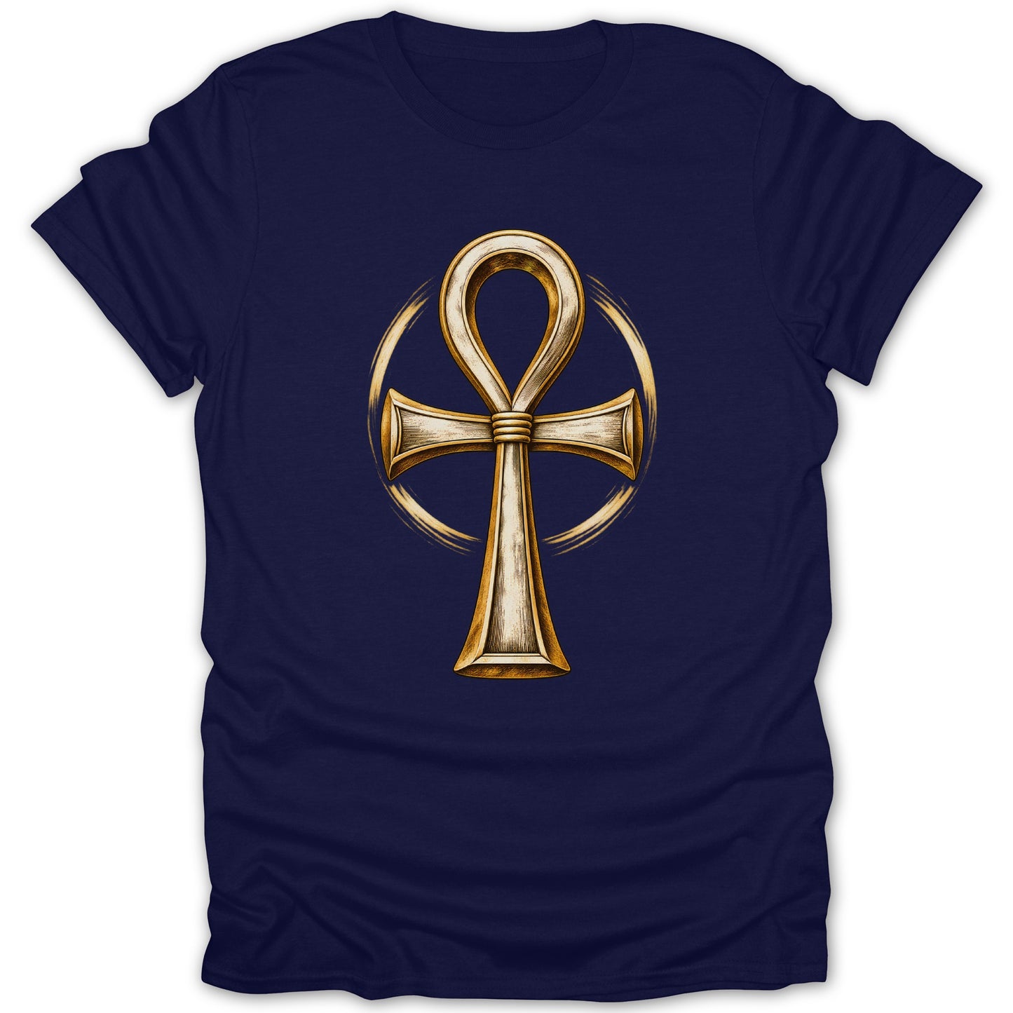 Navy blue t-shirt with a gold ankh symbol surrounded by a golden circle.