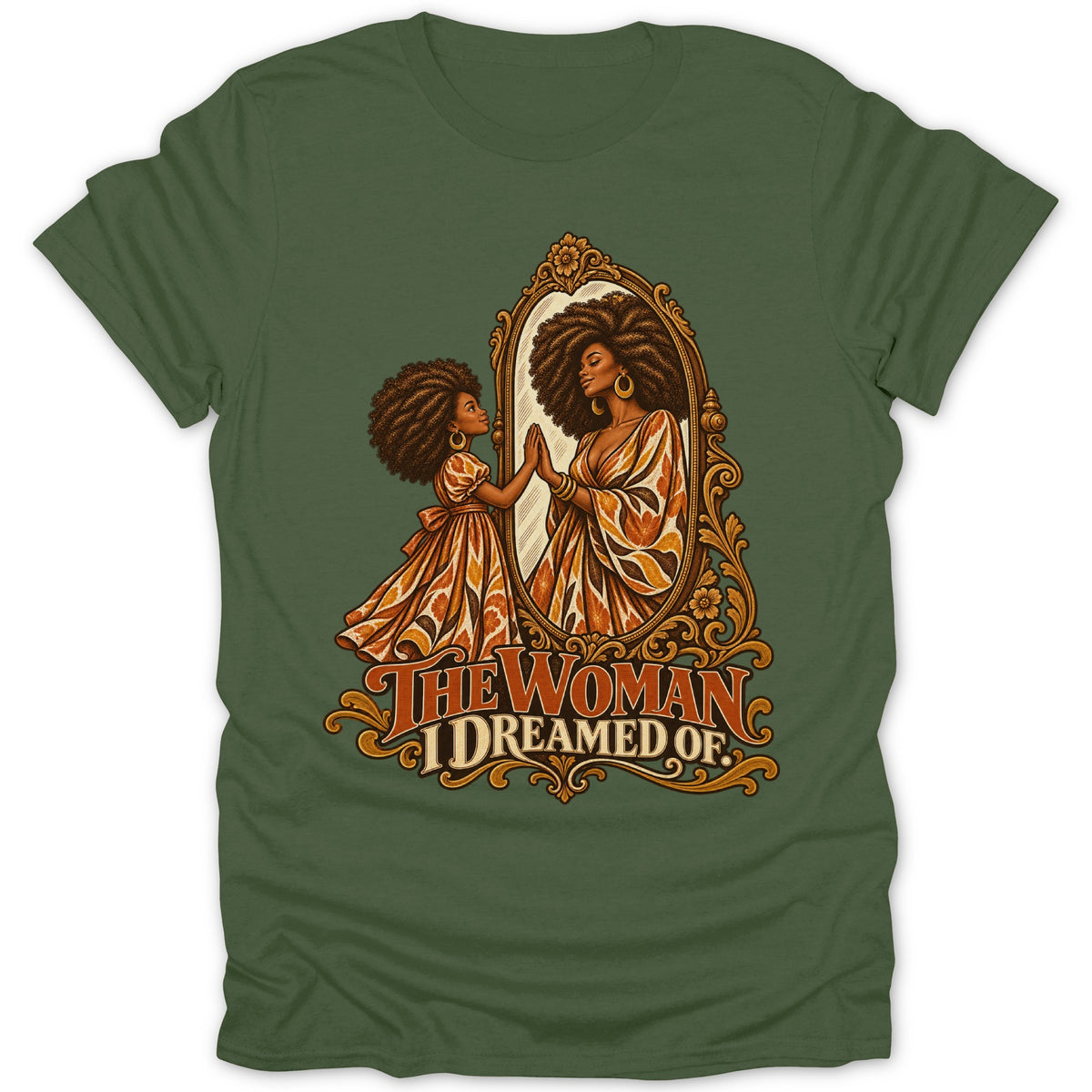 Illustration of a young girl and woman looking in a mirror with text.