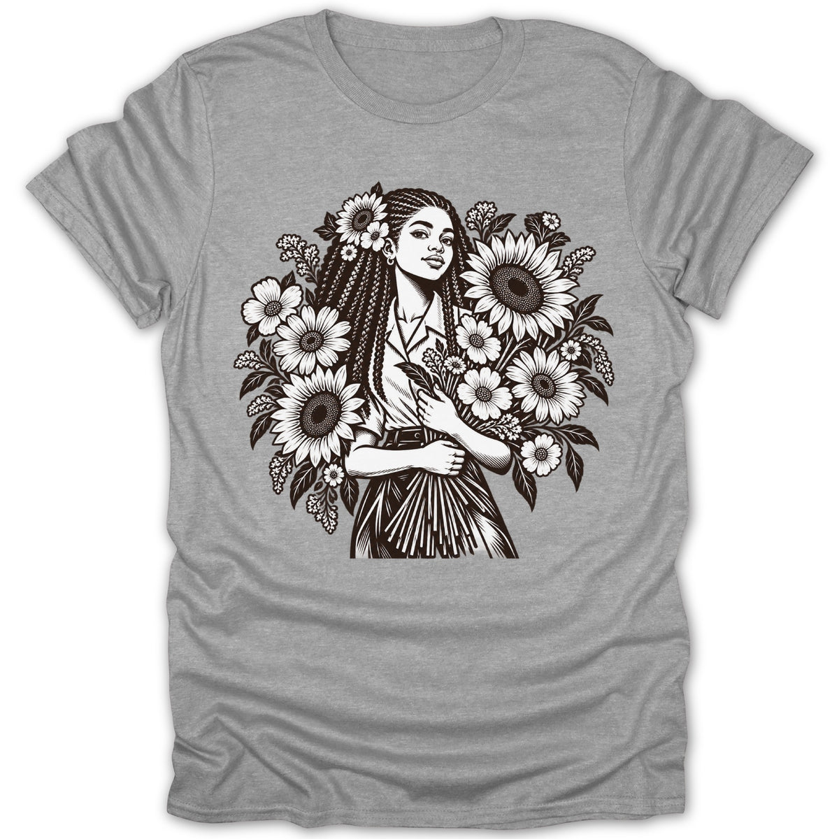 Black and white line art of a woman with braids surrounded by sunflowers on a gray t-shirt.