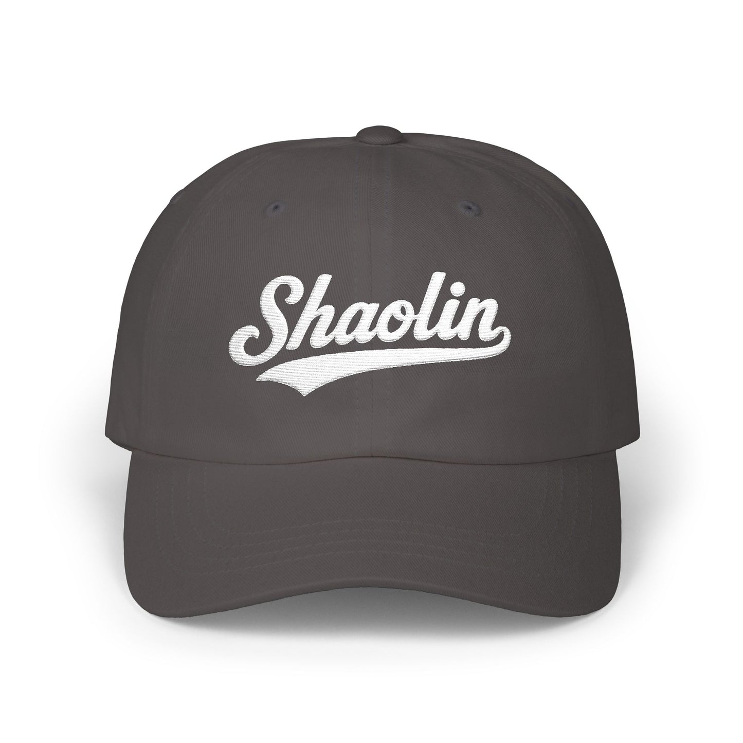 Charcoal baseball cap with "Shaolin" in white script lettering.