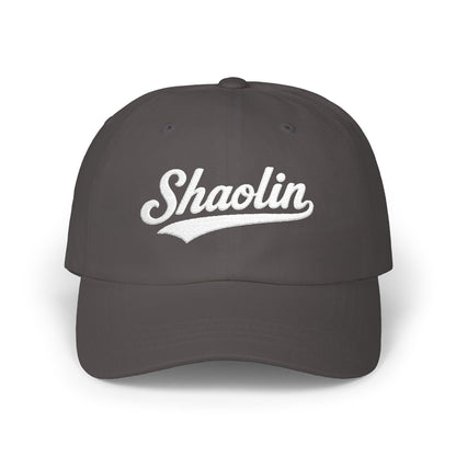 Charcoal baseball cap with "Shaolin" in white script lettering.