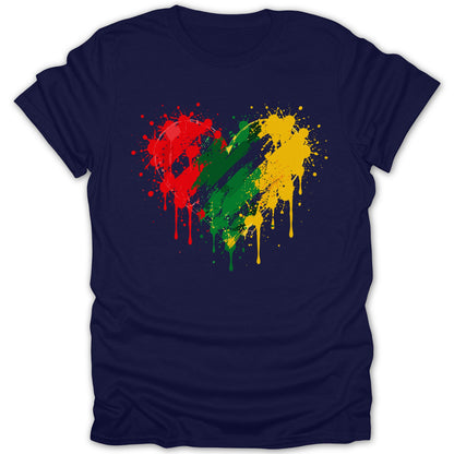 Dark blue t-shirt with a red, green, and yellow paint splatter heart design.