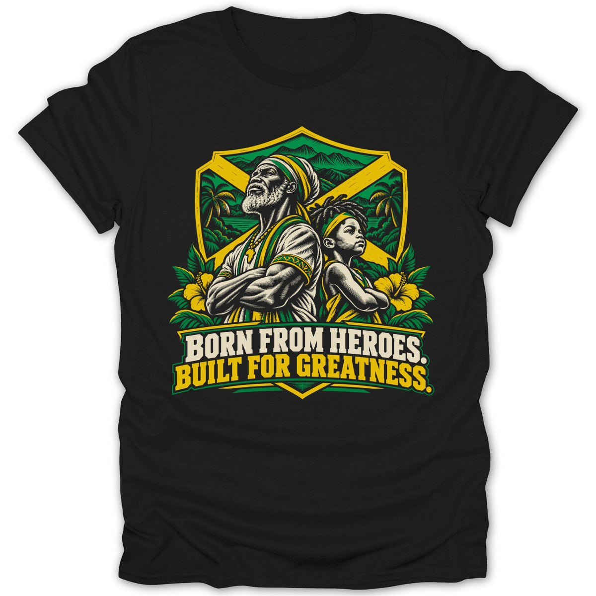 Black t-shirt with Jamaican flag crest, men, child, and text.