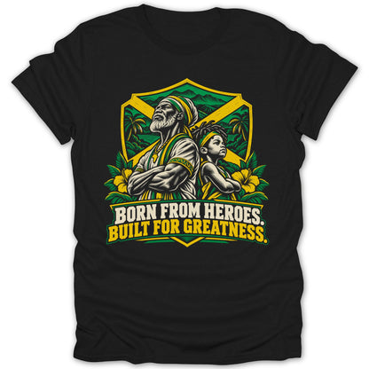 Black t-shirt with Jamaican flag crest, men, child, and text.
