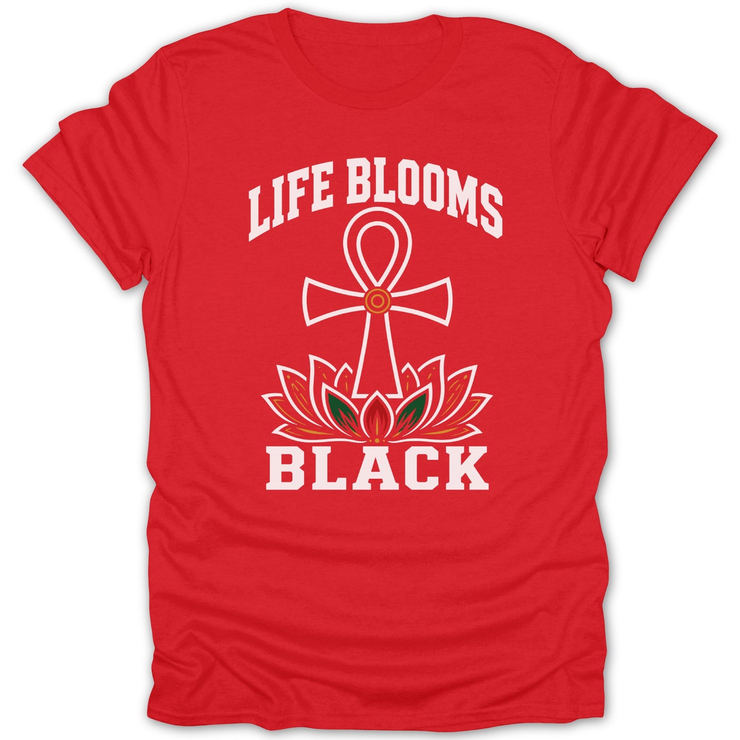 Red t-shirt with white text "LIFE BLOOMS BLACK" and an ankh with a lotus flower.