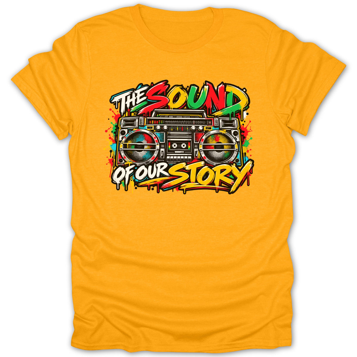 Orange t-shirt with "The Sound Of Our Story" graphic and boombox.