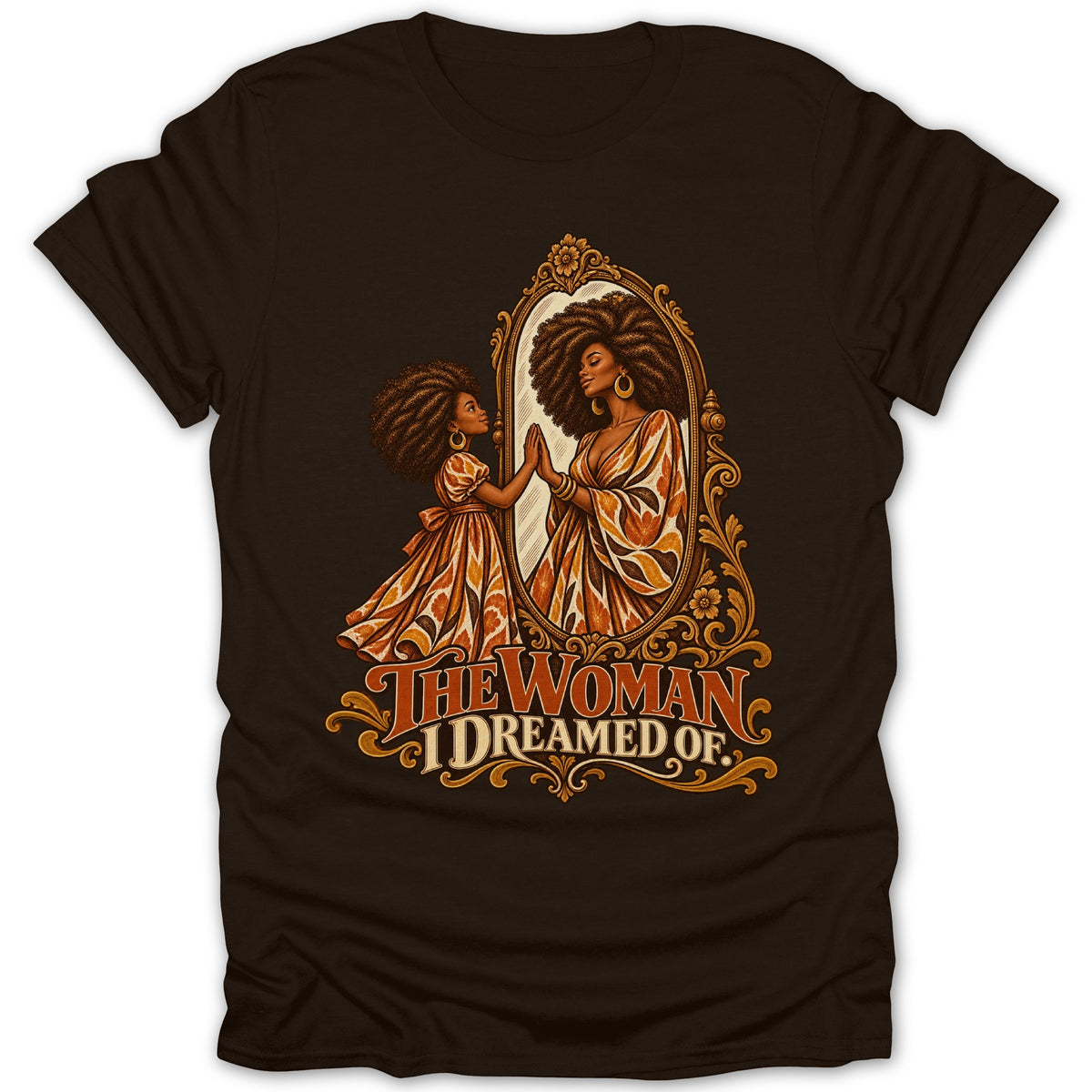 Illustration of a young Black woman seeing her reflection as an adult woman in an ornate mirror. Text reads, "The Woman I Dreamed Of."