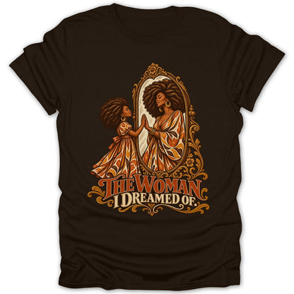 Illustration of a young Black woman seeing her reflection as an adult woman in an ornate mirror. Text reads, "The Woman I Dreamed Of."