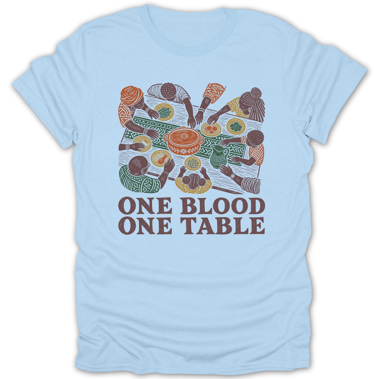 Illustration of people sharing a meal with text "ONE BLOOD ONE TABLE".