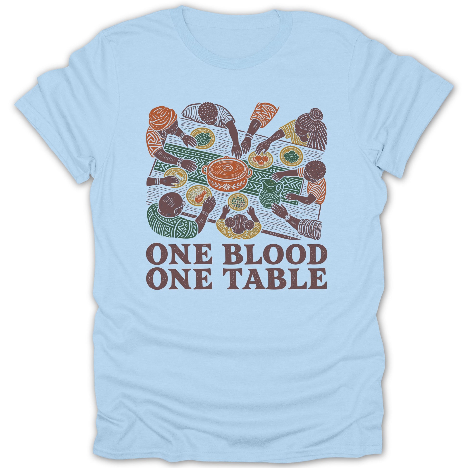 Illustration of people sharing a meal with text "ONE BLOOD ONE TABLE".