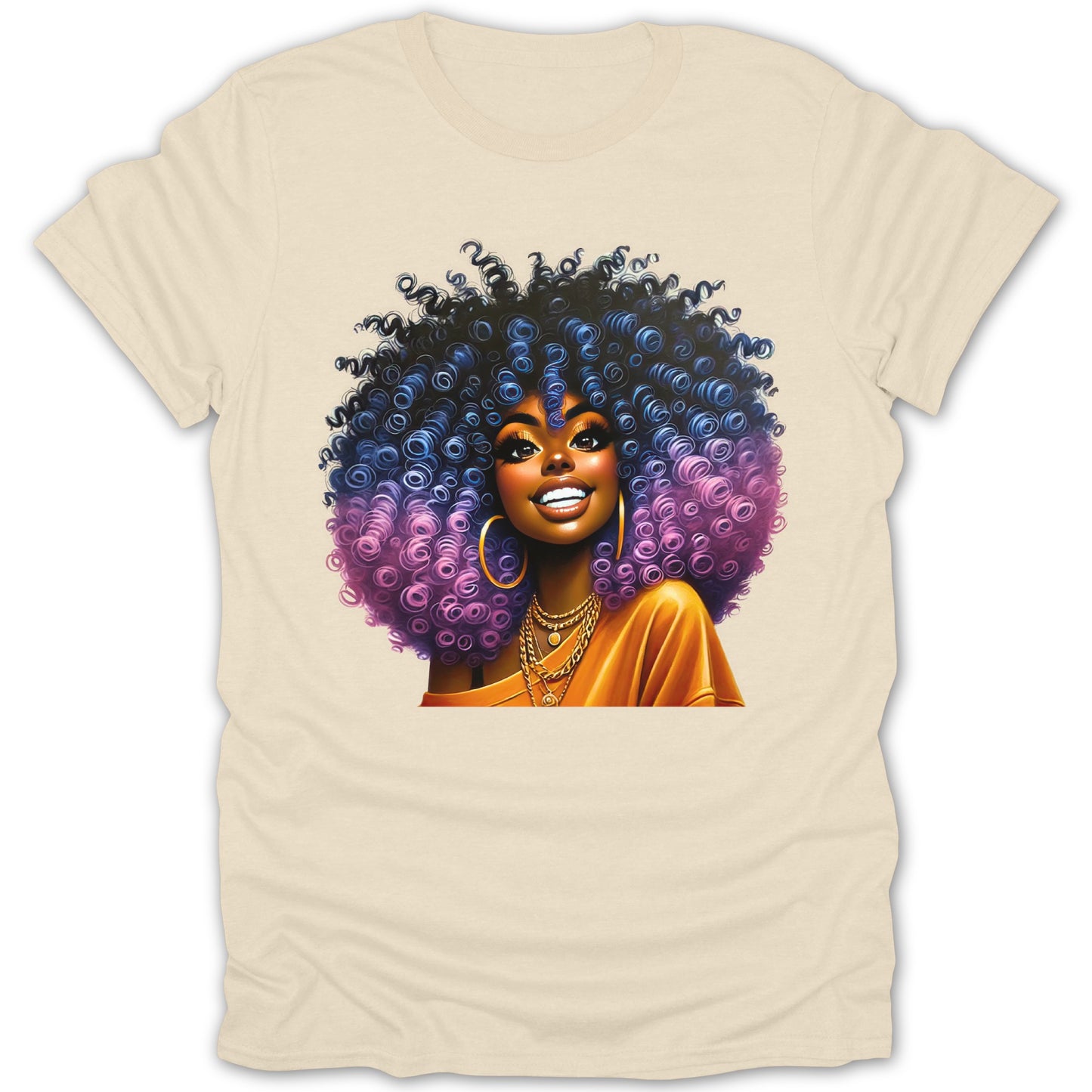 Smiling Woman with Colorful Curly Hair Graphic product type