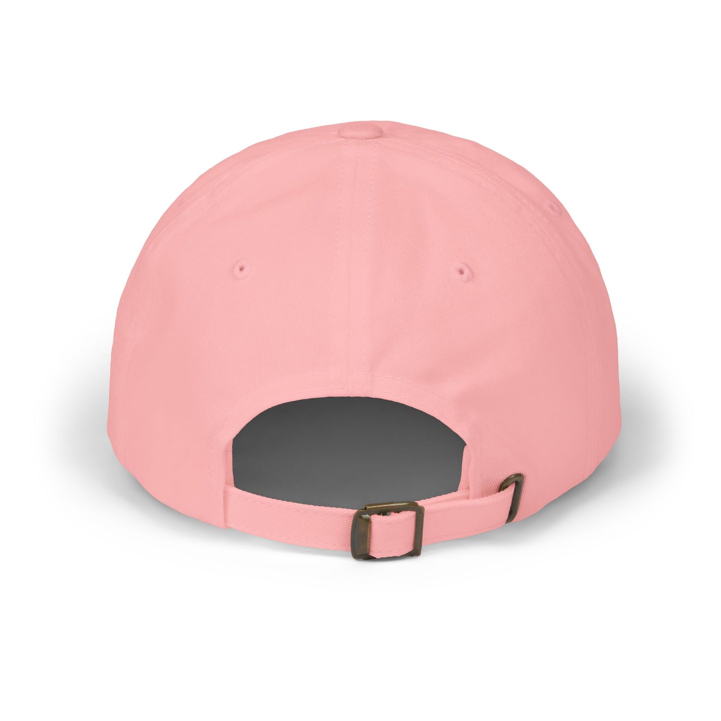 Pink baseball cap with adjustable strap and buckle on white background.