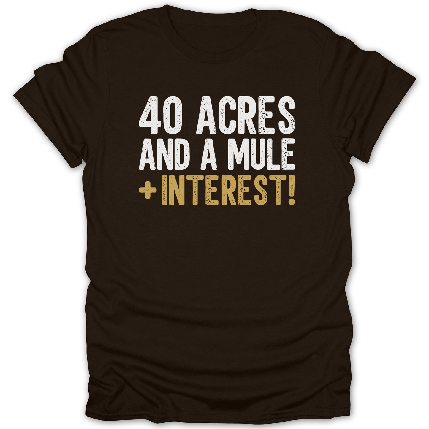 Brown t-shirt with white text: "40 ACRES AND A MULE + INTEREST!"