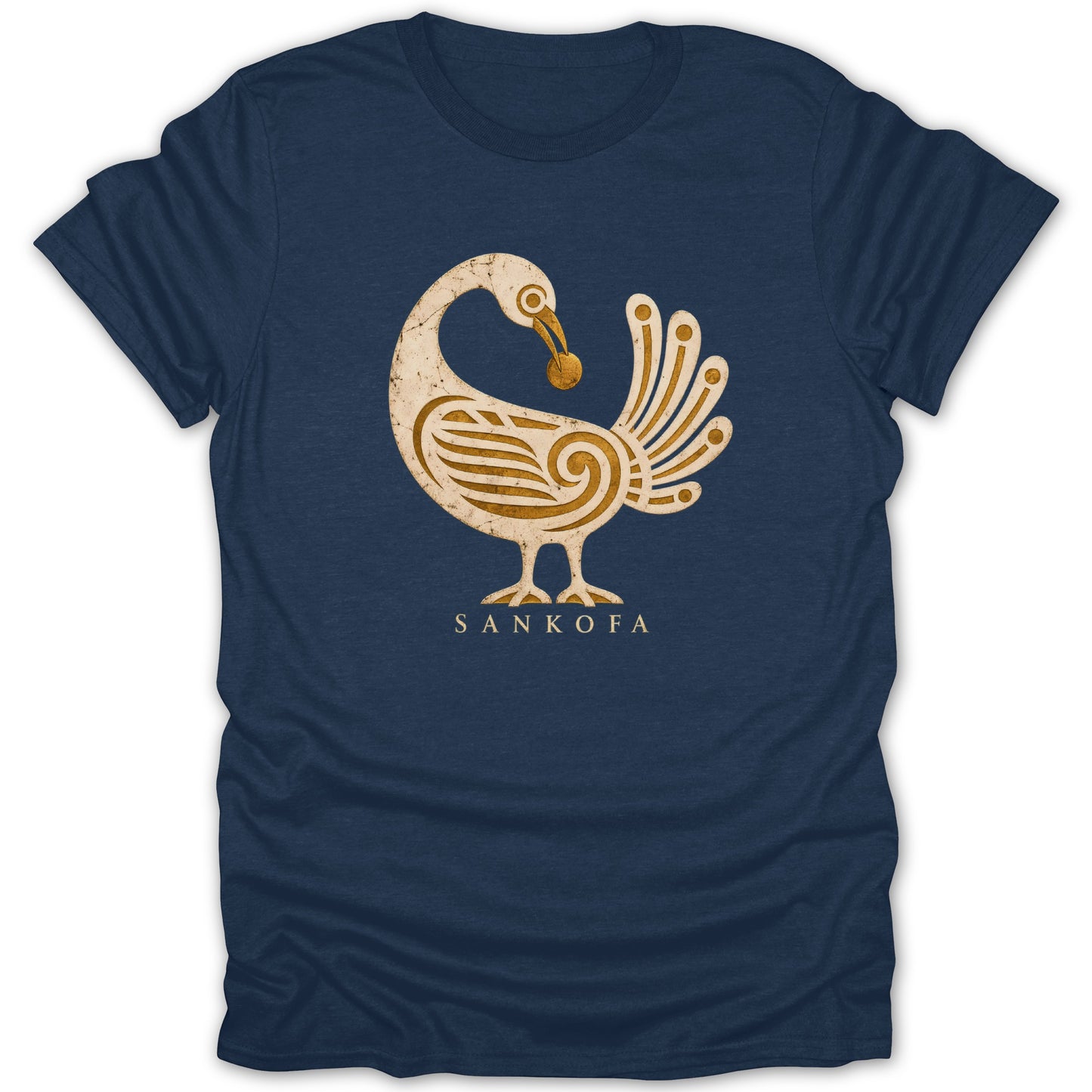 Navy t-shirt with a distressed gold Sankofa bird symbol and text.
