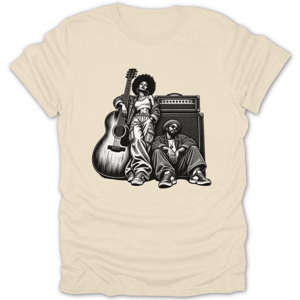 Black and white illustration of two musicians with a guitar and amplifier.