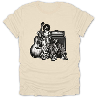Black and white illustration of two musicians with a guitar and amplifier.