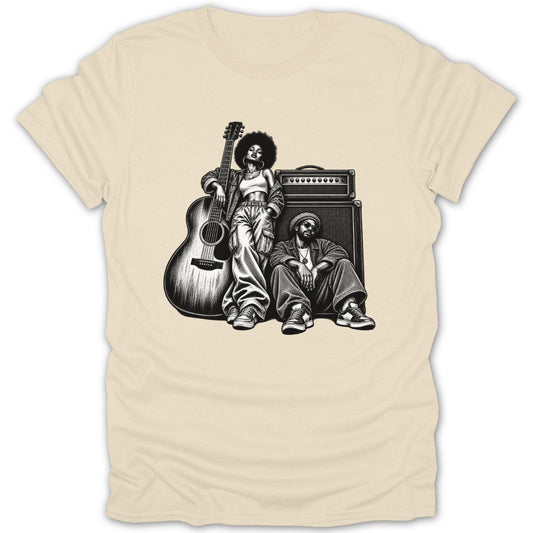 Black and white illustration of two musicians with a guitar and amplifier.