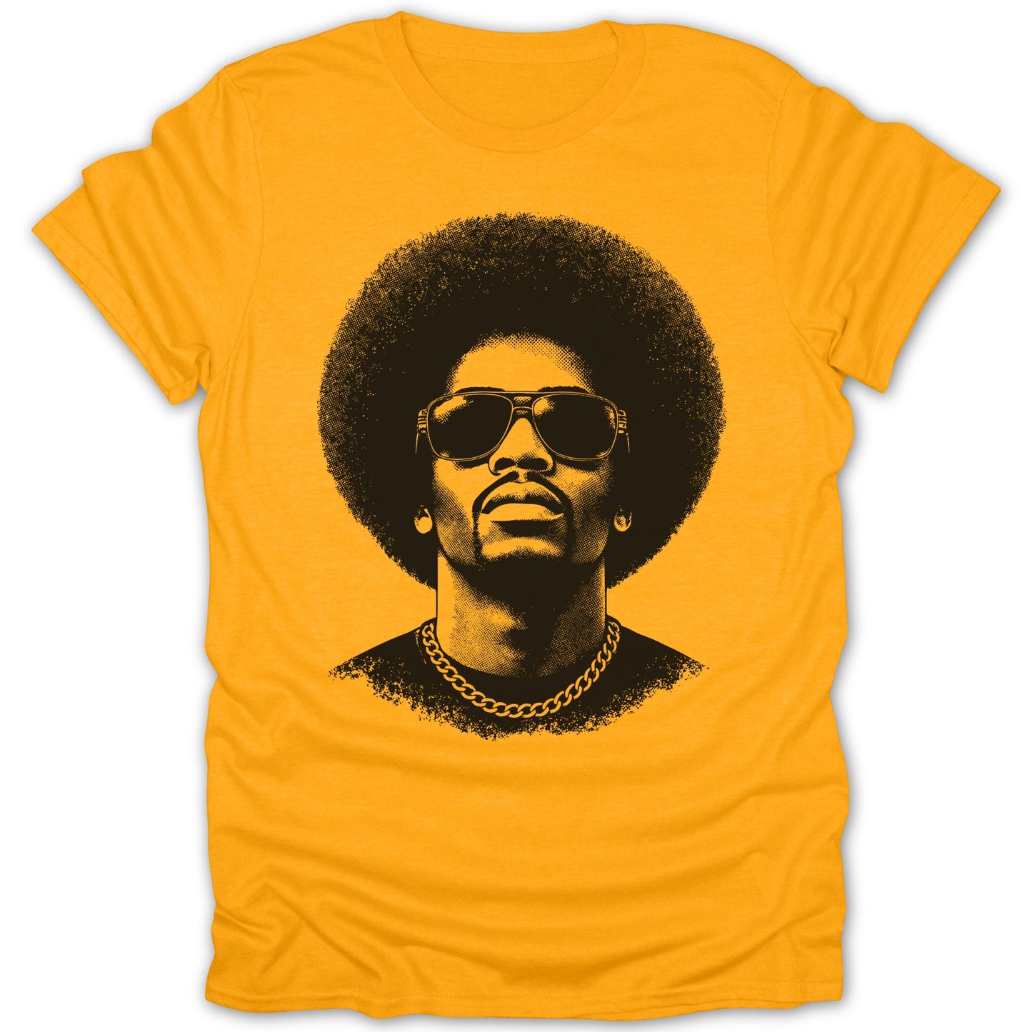 Yellow t-shirt with black graphic of a man with an afro and sunglasses.